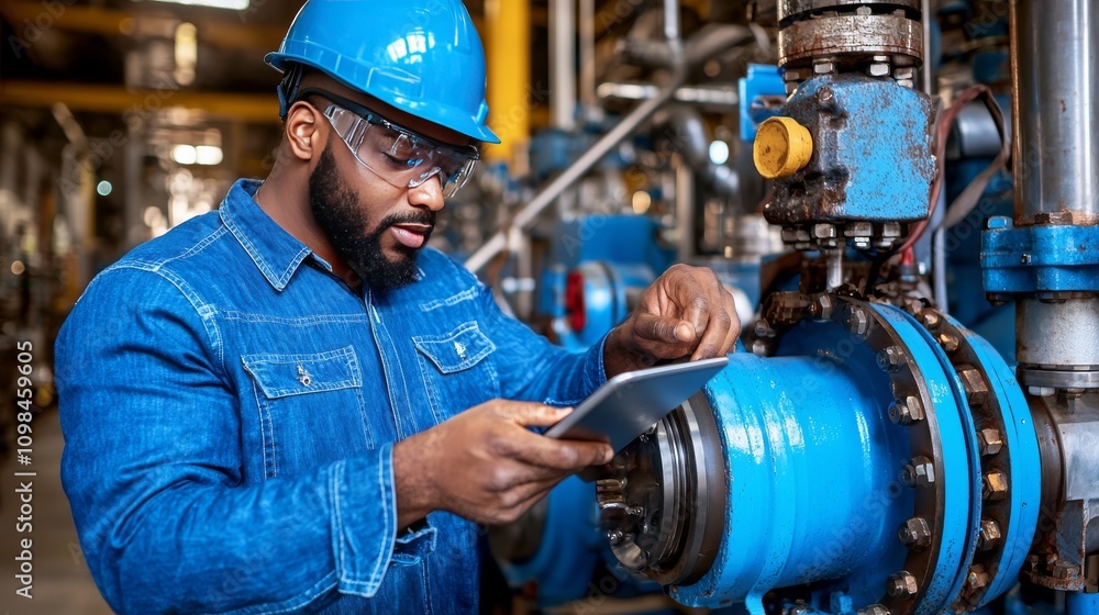 Poster industrial worker using tablet to optimize manufacturing processes factory floor business technology