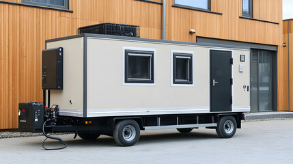 Beige Mobile Unit Parked Near Wooden Building