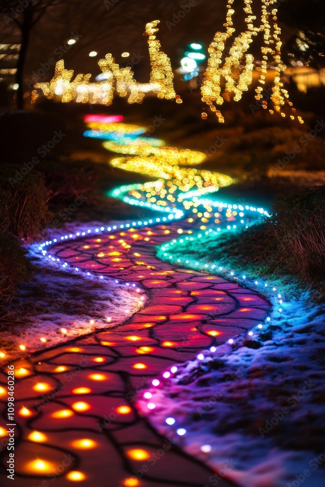 Poster a mesmerizing pathway adorned with colorful lights, creating a magical winter scene in the snow at n