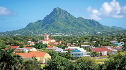 Fototapeta premium A panoramic view of colorful buildings against a dramatic mountain backdrop, with crystal-clear skies.