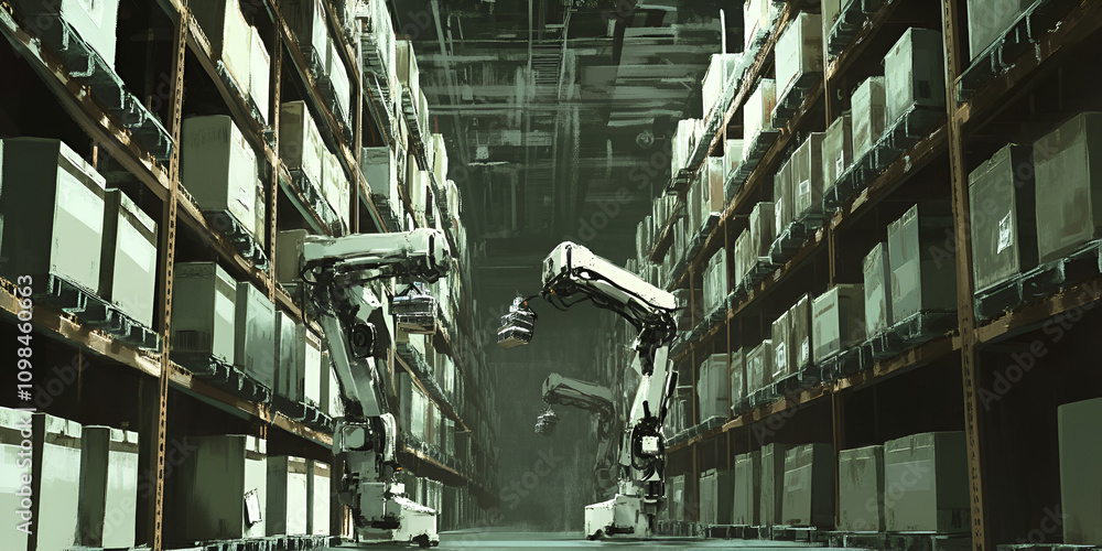 Aufkleber automated warehouse: robotic arms meticulously manage inventory in a futuristic warehouse setting. t