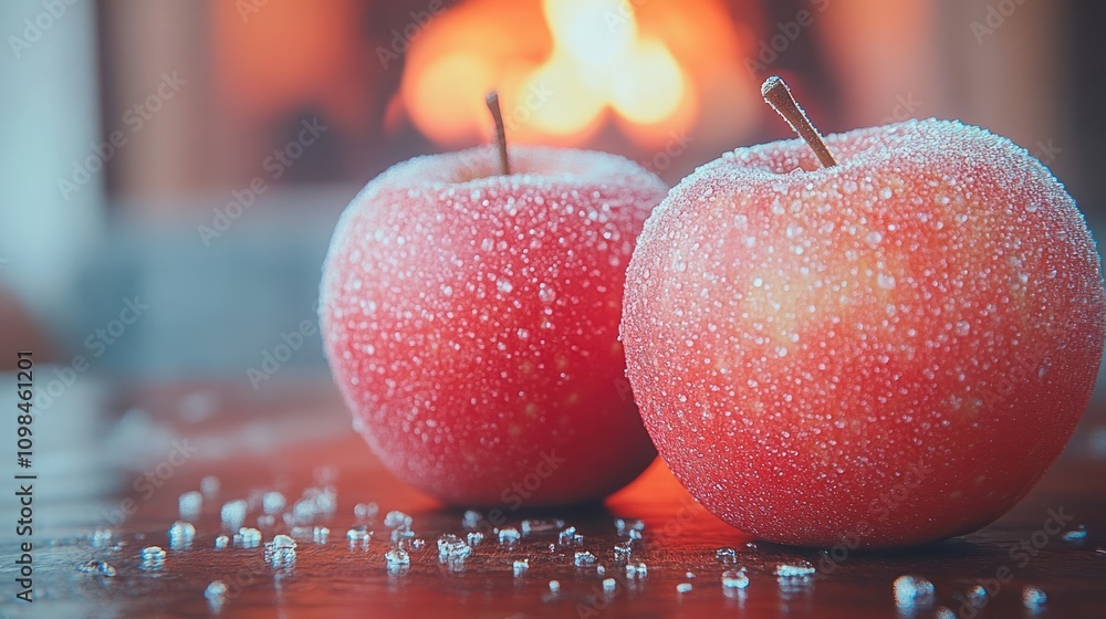 Poster Two red apples dusted with sugar in front of a fireplace.