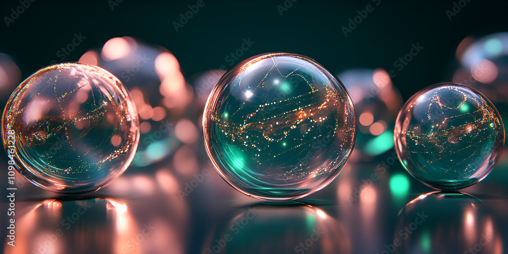Poster global network in crystal spheres: abstract image of interconnected worlds, represented by glowing o