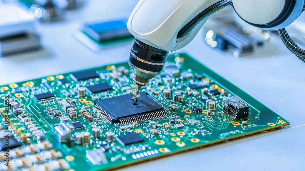 Poster robotic arm assembling circuit board modern electronics lab technology innovation high-tech environm