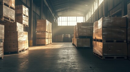 Sunlight Streaming Through Warehouse Stacks of Boxes and Pallets