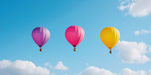 Fototapeta premium Three hot air balloons are flying in the sky, with one being yellow, one pink, and one purple. The sky is clear and blue, with a few clouds scattered throughout. Concept of freedom and adventure