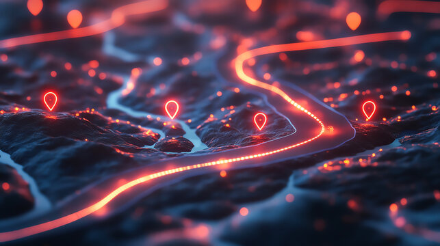 Creative concept of a digital roadmap with SEO milestones marked on a glowing 3D landscape, website optimization, path to success