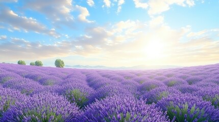 Fototapeta premium Serene Lavender Field Under Bright Sky at Golden Hour
