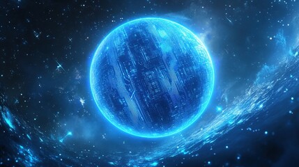 Obraz premium A Glowing Blue Circuitry Planet in a Starry Sky