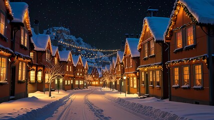A small town street is lit up with Christmas lights and snow