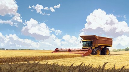 Naklejka premium Modern Agricultural Machinery Harvesting Golden Wheat in a Vibrant Landscape with Blue Sky and Fluffy Clouds - Ideal for Farming and Agriculture Themes in Stock Photography
