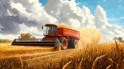 Obraz premium Bright Harvest: A Vibrant Red Tractor Working Through Golden Wheat Fields Under a Blue Sky with Fluffy Clouds on a Sunny Day