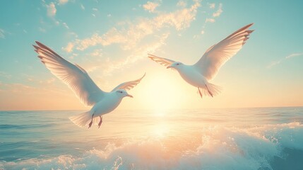 Obraz premium Two white seagulls flying over the ocean at sunset.