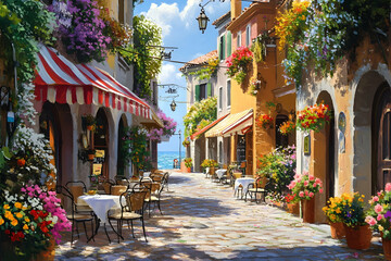 Fototapeta premium Colorful flowers cascade down buildings, while cafes bustle in a charming seaside alleyway