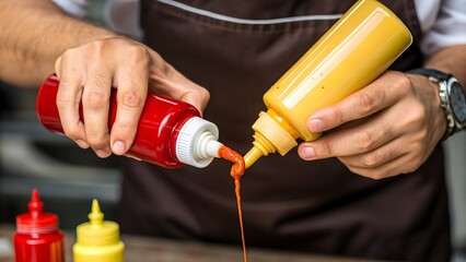 Hands squeezing ketchup and mustard out of plastic bottles cutout, dynamic condiment action for food themes
