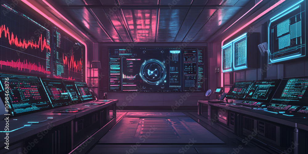Poster neon-lit command center: a futuristic control room bathed in a mesmerizing blend of neon pink and bl