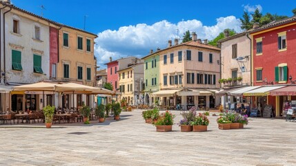 Obraz premium A picturesque town square with colorful buildings, neatly arranged cafes, and flower-filled planters.