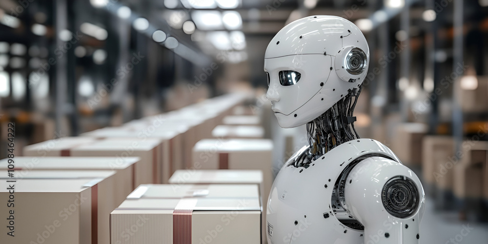Aufkleber robot in warehouse: ai-powered automation revolutionizes logistics. a sleek, humanoid robot stands a