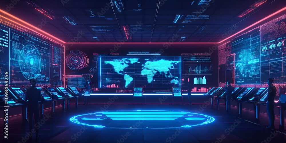 Poster global network control center: futuristic command center with holographic displays, world map, and a