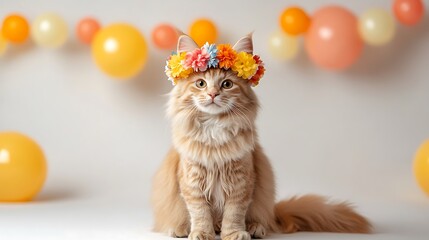 Fototapeta premium Adorable fluffy ginger cat wearing a colorful flower crown, sitting gracefully among vibrant balloons in a festive, cheerful atmosphere perfect for celebrations and events.