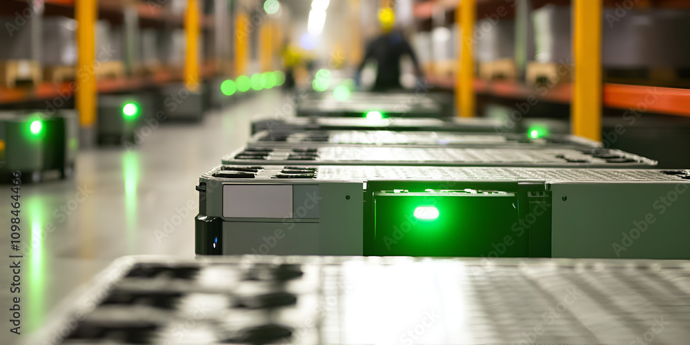 Aufkleber automated warehouse efficiency: green light signals on autonomous robots moving goods in a modern wa