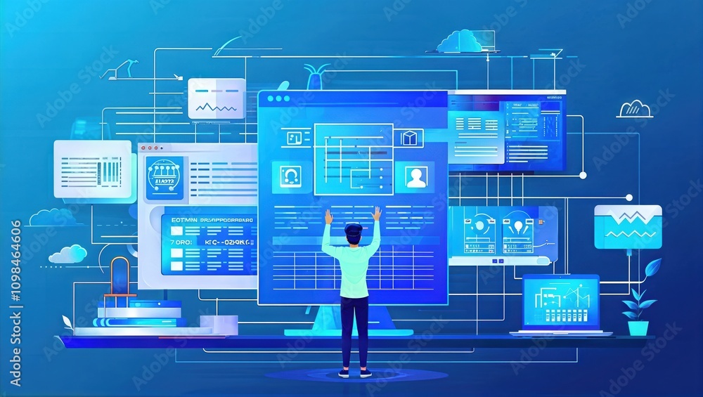 Poster a modern tech environment with digital screens, showcasing interactive design and innovative informa
