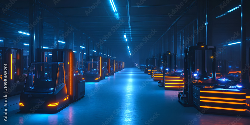 Poster automated warehouse: a futuristic vision of a high-tech warehouse with rows of automated forklifts o