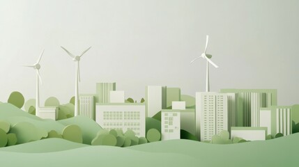 Naklejka premium A conceptual illustration of a green tech park with integrated wind turbines and green roofs, symbolizing sustainable technology innovation and energy-efficient infrastructure, minimalist style