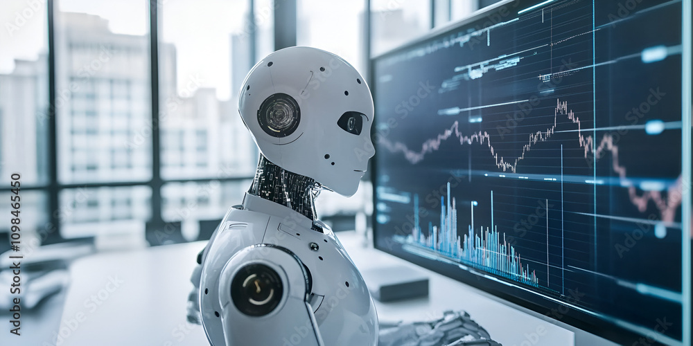 Poster ai analyst: futuristic robot analyzing data on a large monitor. the robot's focus is on the intricat