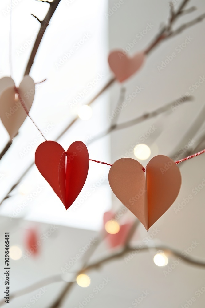 Poster a tree with a string of hearts hanging from it. the hearts are red and pink. the tree is in front of