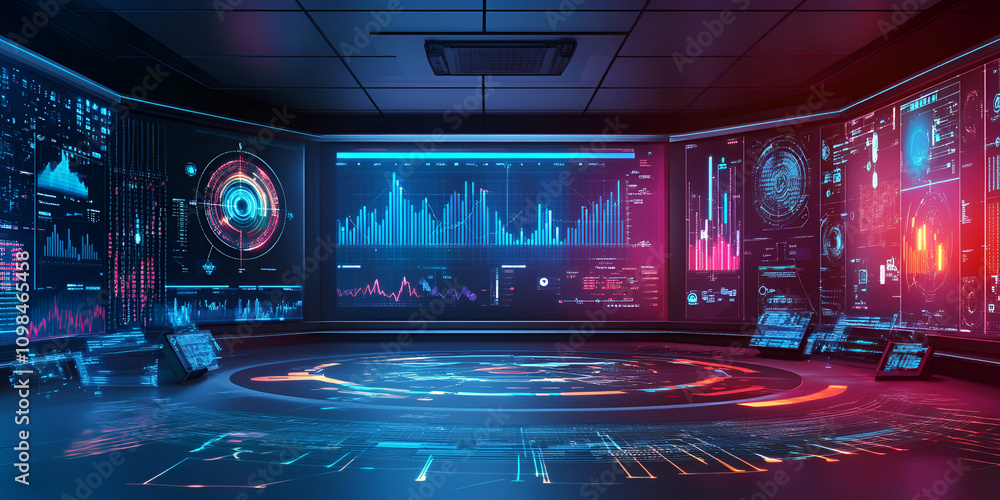 Poster cybernetic command center: immersive futuristic control room with glowing holographic displays, show