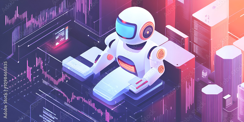 Poster ai robot analyst: futuristic isometric illustration of a friendly robot analyzing data streams in a 