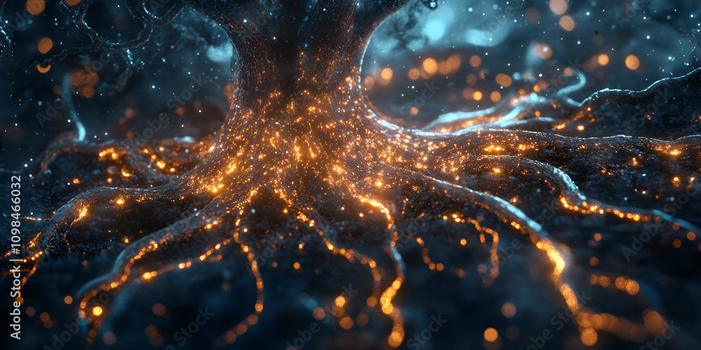 Poster cosmic roots: a mesmerizing abstract image of a glowing, ethereal tree, its roots intertwining and p
