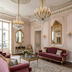 Fototapeta premium Elegant Parisian Living Room with Gold-Framed Mirrors, Crystal Chandeliers, Vintage Furniture, and Velvet Upholstery