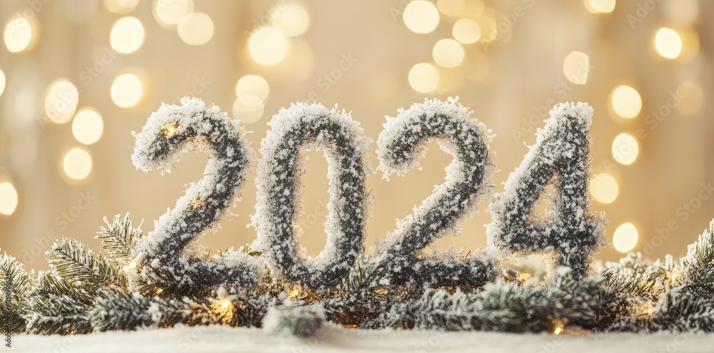 Poster the numbers 2025 are composed of spruce branches that are soft and fluffy, dusted with snow, and fea