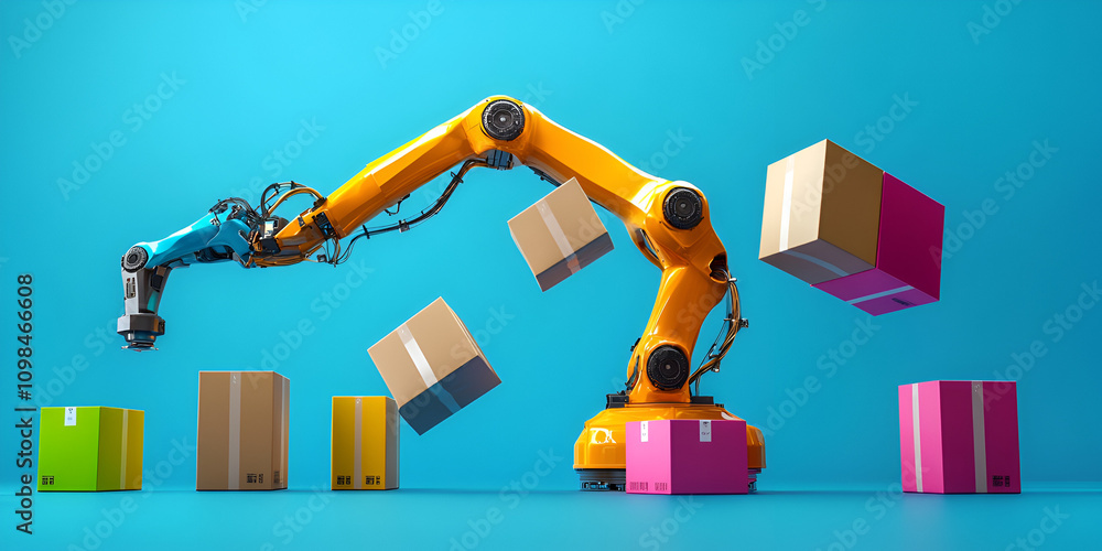 Poster robotic automation: a future-forward robotic arm, painted in vibrant yellow and blue, deftly manipul