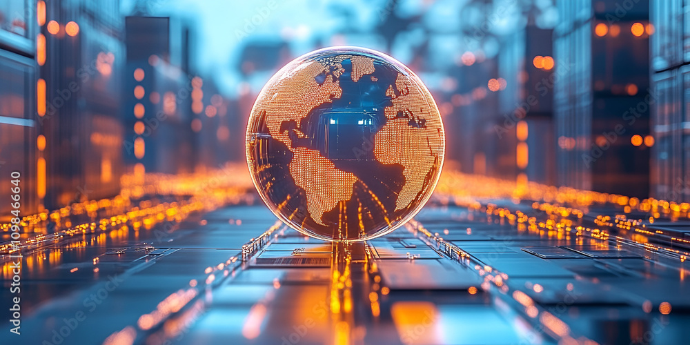 Poster global network connection: futuristic depiction of a glowing earth globe situated on a high-tech cir