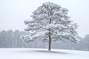 Fototapeta premium A serene, snow-covered landscape with a lone, majestic pine tree.