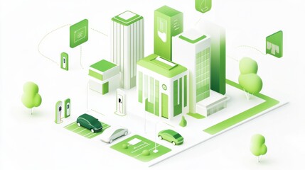 A conceptual illustration of a green technology campus with sustainable buildings and electric vehicle charging stations