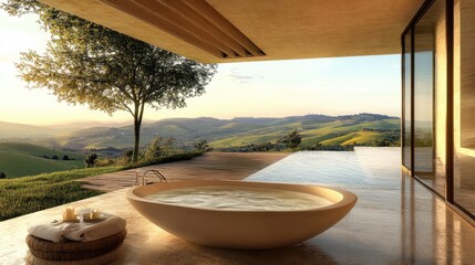 Fototapeta premium Luxurious Modern Bathroom with Serene Landscape View at Sunrise, Featuring an Elegant Freestanding Bathtub and Expansive Glass Walls Overlooking Rolling Green Hills
