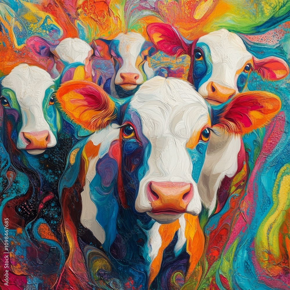 Aufkleber a vivid abstract painting featuring cows with dynamic colors and swirling patterns, creating a livel