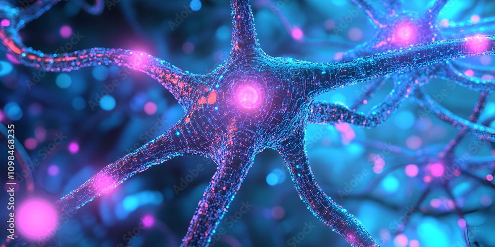 Poster neural network: a captivating microscopic view of a neuron, showcasing its intricate structure and v
