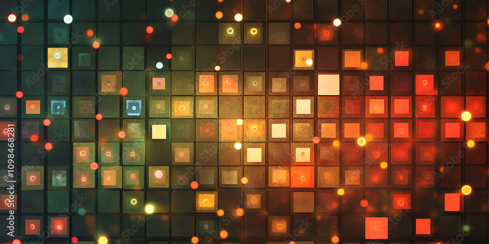 Poster abstract digital grid: glowing squares and particles