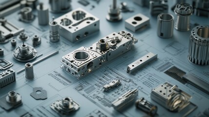 Fototapeta premium Detailed arrangement of mechanical components and blueprints.