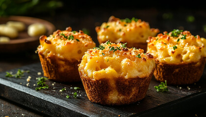 Cheesy macaroni muffins on dark table, melted cheese on muffins generated.AI