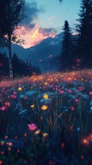 Obraz premium Vibrant flower field sunset landscape