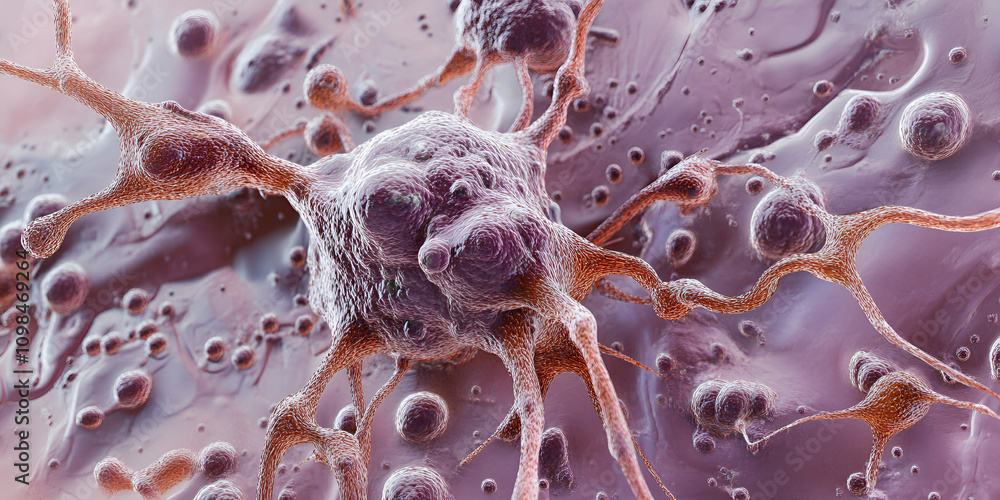 Poster microscopic view of a neuron: a detailed and intricate 3d rendering of a neuron, showcasing its comp