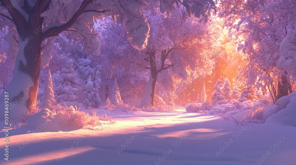Poster a serene winter forest with snow-covered trees glowing under soft sunlight, creating a magical atmos