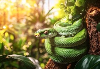 Fototapeta premium green snake in the tree