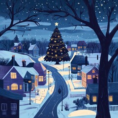 Fototapeta premium Wishing you a Merry Christmas and a Happy New Year. Featuring modern drawings of Santa Claus, a winter forest scene, a bustling city street, a decorative frame, and Christmas tree ornaments for use